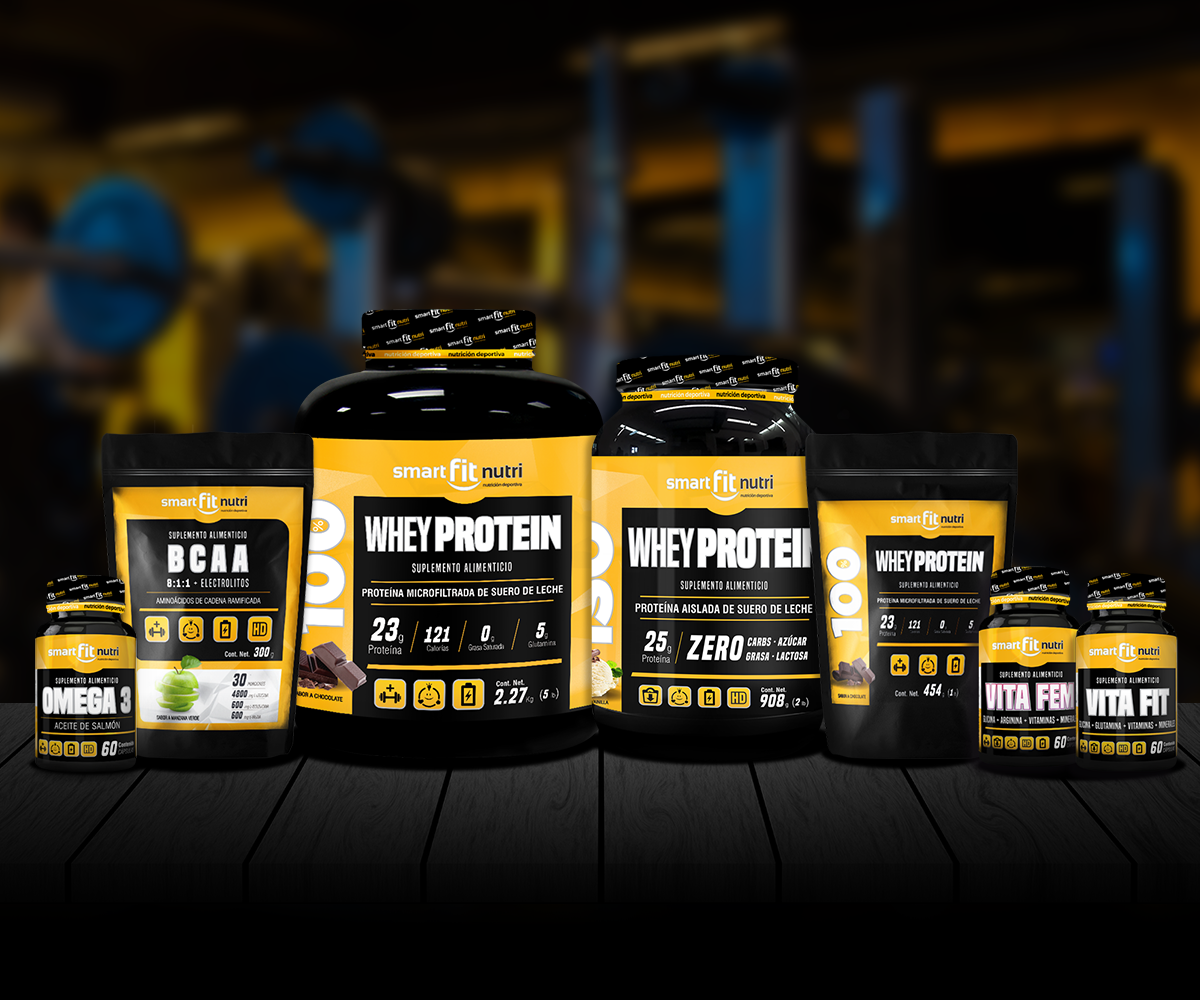 5 botes y 2 bolsas de suplementos smart fit nutri. Proteínas, vitaminas, BCCA´s y Omega 3