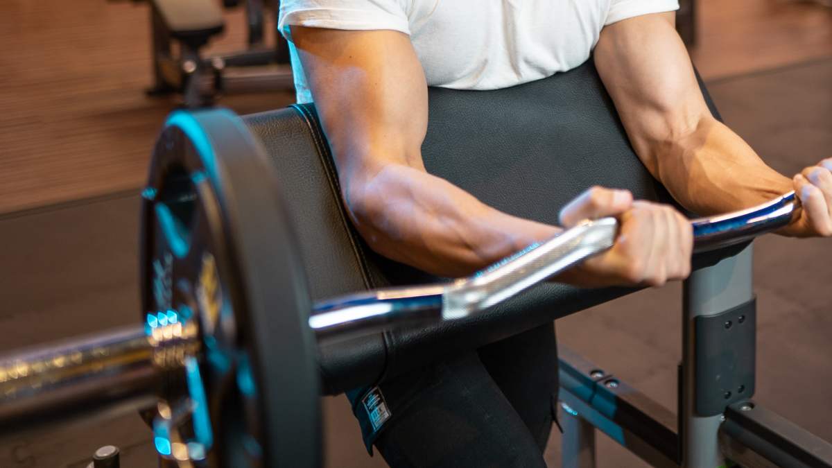 brazos de un hombre realizando un curl predicador en el gimnasio smart fit
