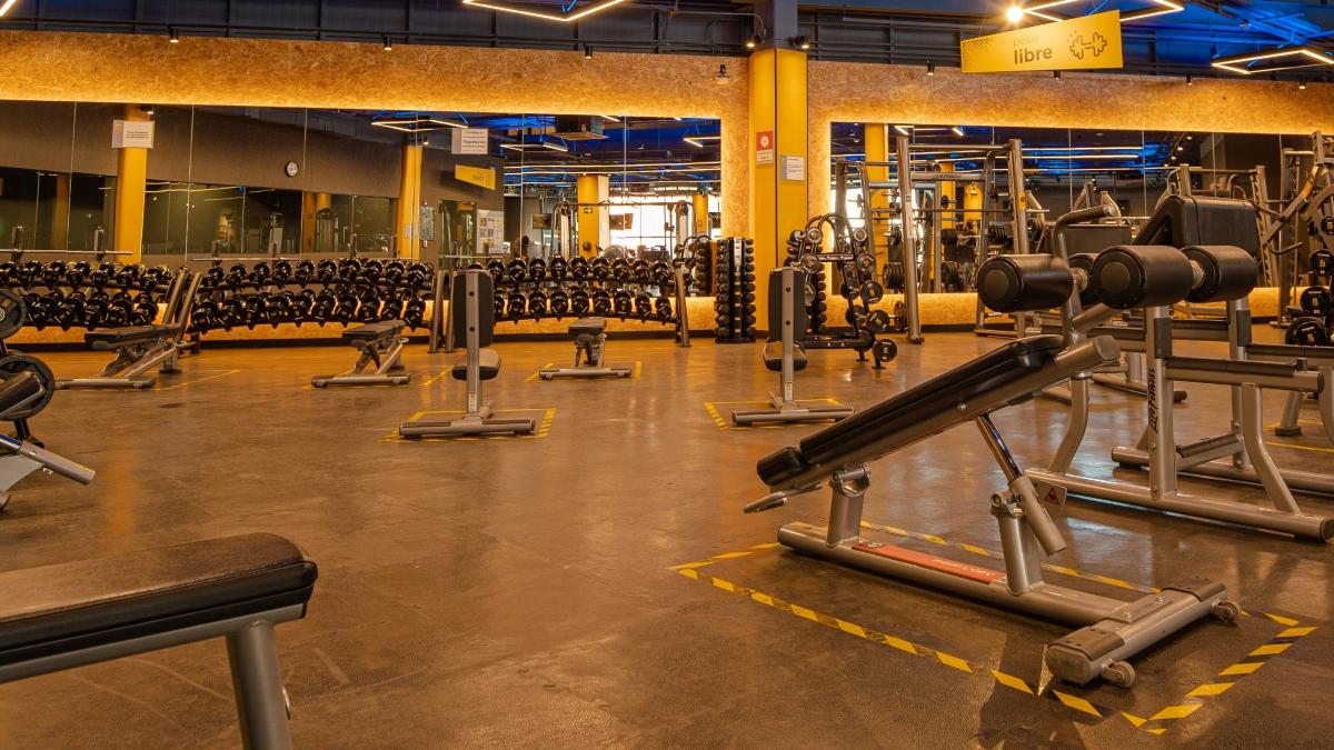 vista del área de peso libre de un gimnasio Smart Fit. Diferentes tipos de bancos en primer plano, racks de manccuernas en segundo plano.