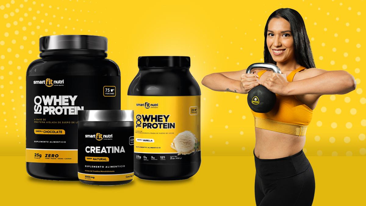Composicion con tres botes de Smart Fit Nutri Suplementos. A un lado una mujer con outfit fitness sosteniendo una pesa rusa con las manos.