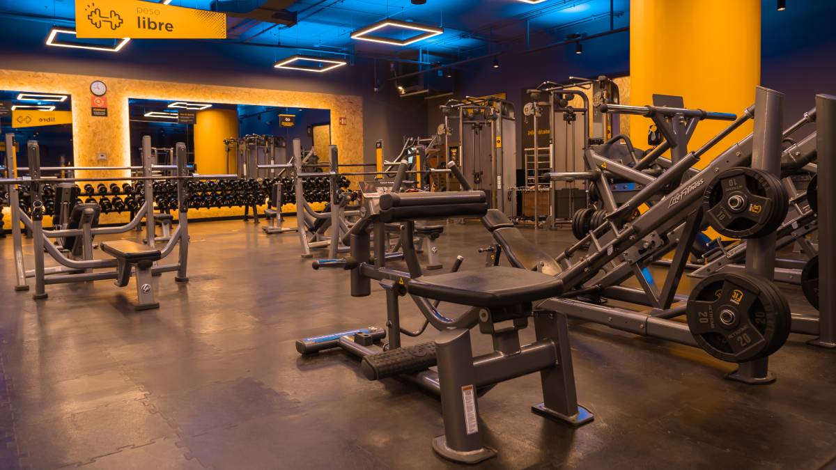 vista del area de peso libre de un gimnasio smart fit, con maquinas, bancos, mancuernas, disco y barras