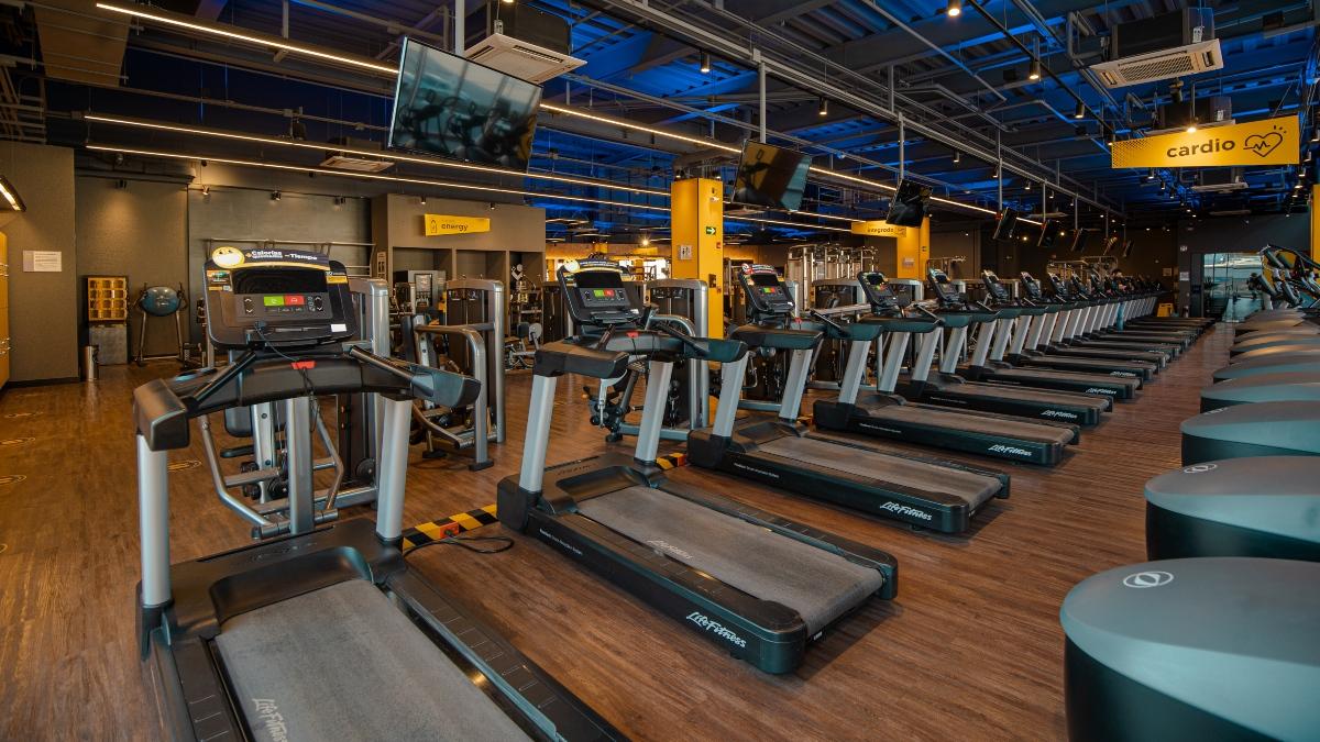 hilera de caminadoras dentro de una zona de cardio en un gimnasio smart fit